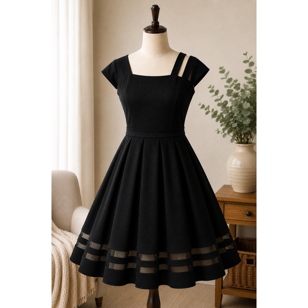 Nicolette Mason Michel Studio Black Fit Flare Dress Mesh Hem Plus Size 3X